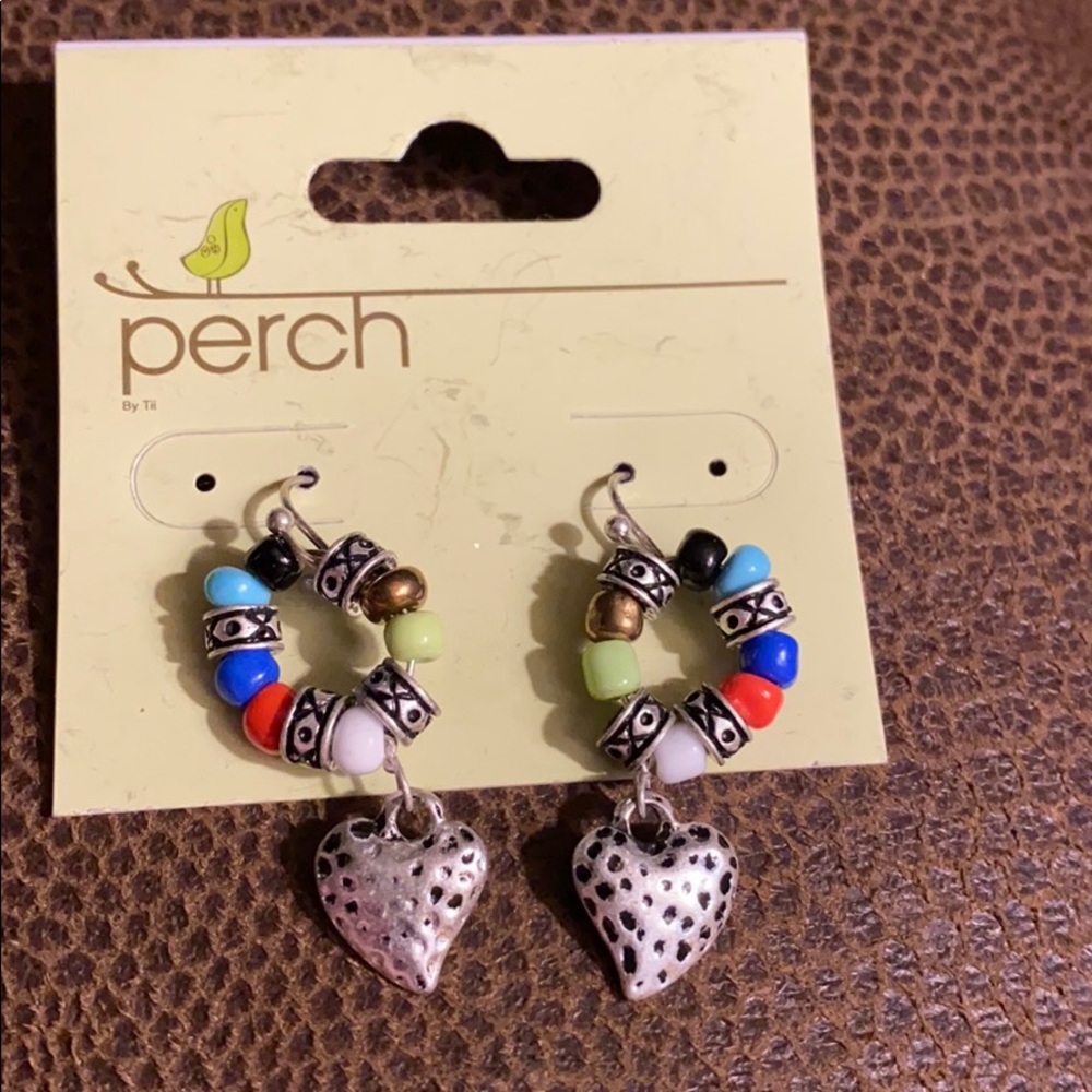 NWT Perch Handcrafted Charmed Life Earrings colorful Beaded Hoops with hearts